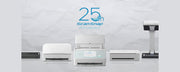 A row of ScanSnap document scanning devices arranged on a light gray surface against a crumpled white backdrop, with a large blue '25th ScanSnap Anniversary' logo centered above them.