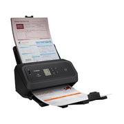 Canon DR-C350 document scanner with a document on the input tray and an invoice on the output tray.