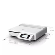 An Epson WorkForce DS-51000WN flatbed scanner with a digital touch screen control panel, shown with dimension lines and labels indicating its measurements: 555mm in width, 604mm in depth, and 153mm in height.