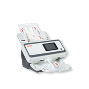 A Kodak N2040 automatic document scanner shown from a three-quarter angle on a white background, with sample documents visible in its input and output trays.