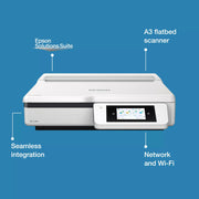 A Epson DS-51000WN flatbed scanner shown on a blue background with callout labels reading Epson Solutions Suite, A3 flatbed scanner, Seamless integration, and Network and Wi-Fi.