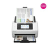 An Epson DS-800WN document scanner shown from the front on a white background, with papers fed from the top and scanned pages ejected from the bottom. A pink circular badge in the top right corner reads '3 YEAR EXTENDED WARRANTY'.