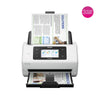 An Epson DS-900WN document scanner in white and black, shown with documents in top feeder and another page emerging from the bottom tray, on a white background with a pink '3 Year Extended Warranty' badge in the top right.