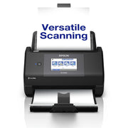 An Epson ScanWay ES-590W document scanner shown on a white background with a sheet of paper inserted and large blue text reading 'Versatile Scanning' above it.