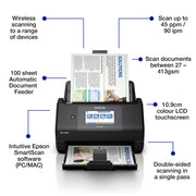 Epson ES-590W wireless document scanner shown with labels highlighting features such as wireless scanning range, 100-sheet automatic document feeder, 10.9cm color LCD touchscreen, and double-sided scanning.