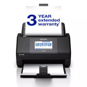Epson ES-590W document scanner. A white paper sheet from the top with a blue graphic reading '3 YEAR extended warranty'.