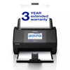 Epson ES-590W document scanner. A white paper sheet from the top with a blue graphic reading '3 YEAR extended warranty'.