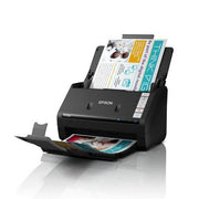 An Epson ES-550W scanner in black, shown with a document loaded on the scanner bed and page emerging from the output tray, set against a clean white background with a soft reflection.