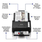 Epson ES-550W document scanner shown on a white background with blue callout lines and text describing features such as wireless scanning, 100-sheet automatic document feeder, scan speed, and smartScan software.